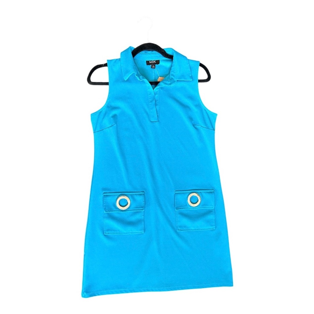 Sleeveless Collared Shift Dress with Pocket Grommets - Bright Turquoise